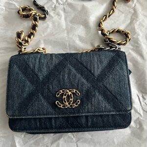Chanel Denim Quilted Chanel 19 Wallet On Chain WOC Blue Shoulder Bag Crossbody